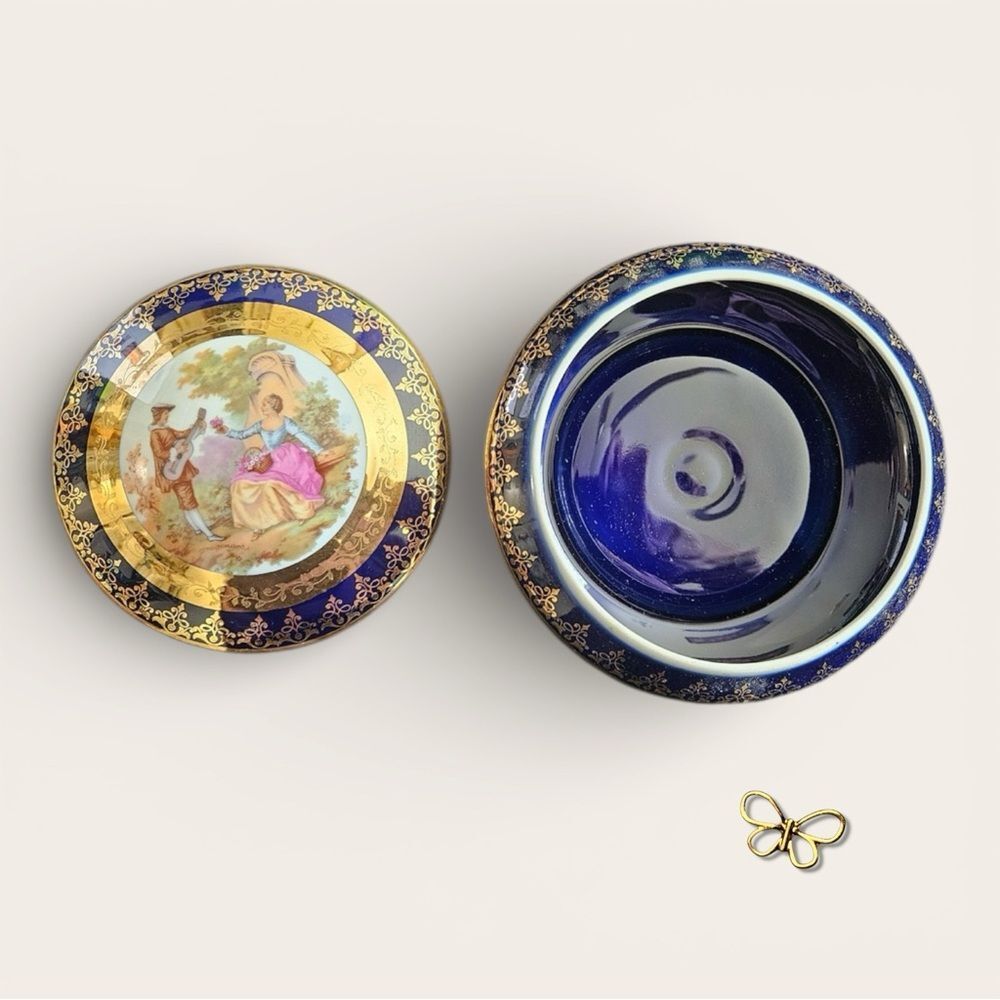 Vintage Limoges Cobalt Blue Courting Couple Trinket Box